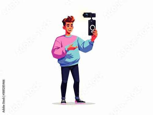 A young man in a colorful sweater holds a smartphone on a gimbal stabilizer in a Vector Flat Design Ilustration with a clean white background.