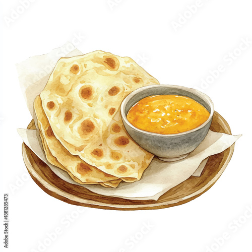 Watercolor illustration of traditional Indian roti flatbread with a savory curry dip.