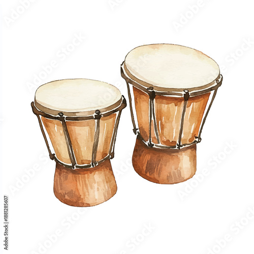 Watercolor Illustration of Two Djembe Drums on White Background.