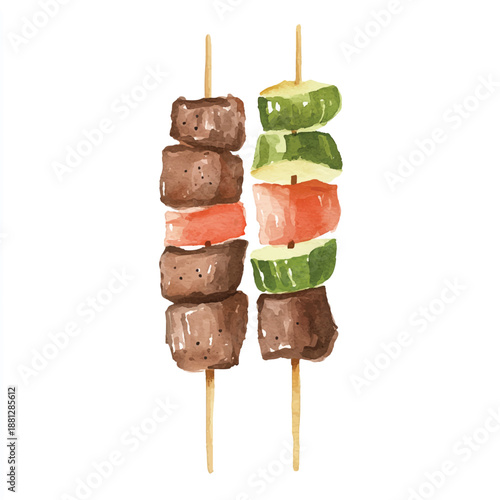 Watercolor Illustration of Two Grilled Meat and Vegetable Skewers.