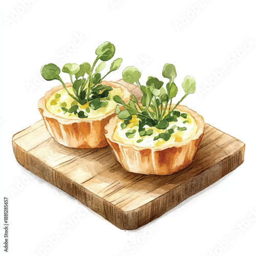 Watercolor Illustration of Two Mini Quiches with Greens on Wooden Board.
