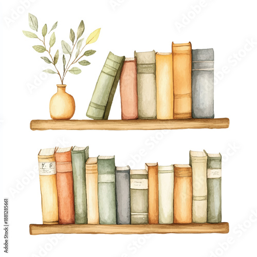 Watercolor illustration of two wooden bookshelves filled with books and a vase with branches.
