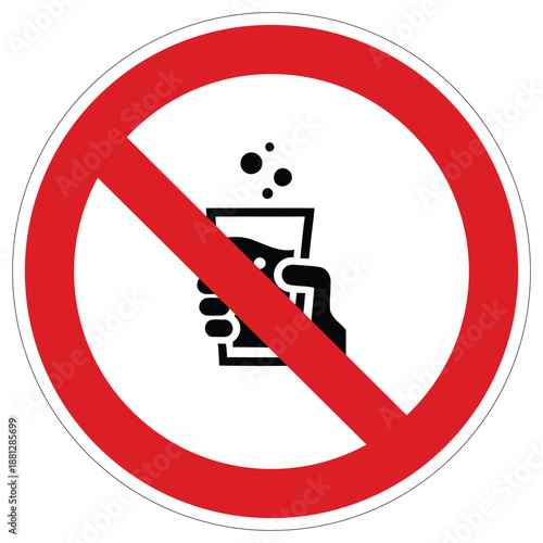 Prohibition sign shows a hand holding a bubbly glass icon within a red circle indicating no drinks allowed