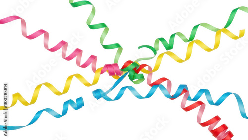 Twisted colorful paper streamers crossing in center for celebrations, transparency.
