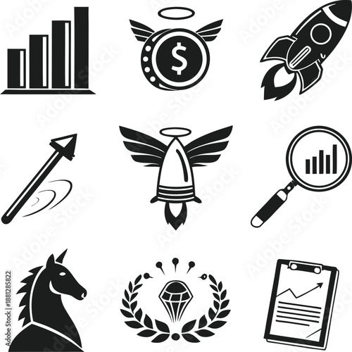 Business icons, success growth, rocket launch, financial chart, strategy target, startup development, achievement coin, market analysis