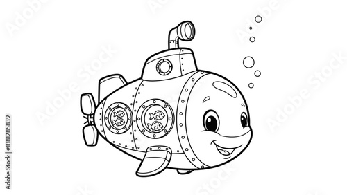 Cute Cartoon Submarine with Fish Coloring Page, Fun Aquatic Journey.