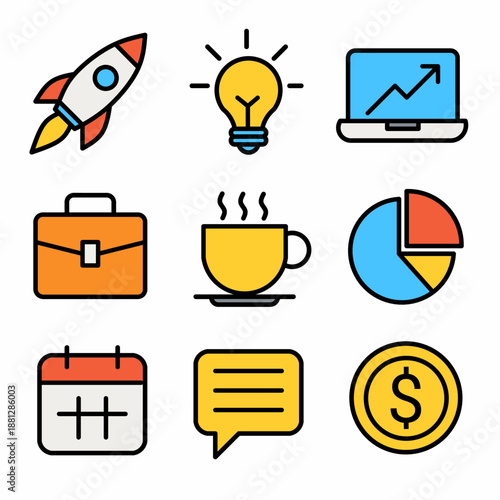 Simple Outline Business and Startup Icon Set with Launch Rocket and Finance