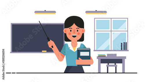Flat Style Detailed Teacher Illustration in Classroom Interior Design