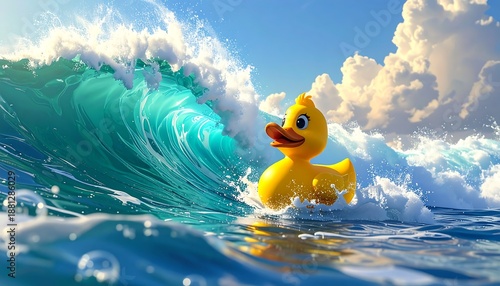 A vibrant image portrays a yellow rubber bird floating in crystal waves under a bright, puffy cloud-filled sky