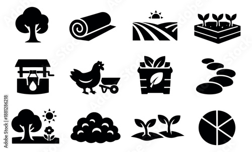 Solid style nature and farming icon set featuring trees, plants, farm animals, and agricultural elements for environmental concepts