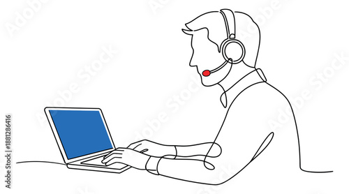 Continuous line art illustration of a man depicting a call center agent working on a laptop for customer support