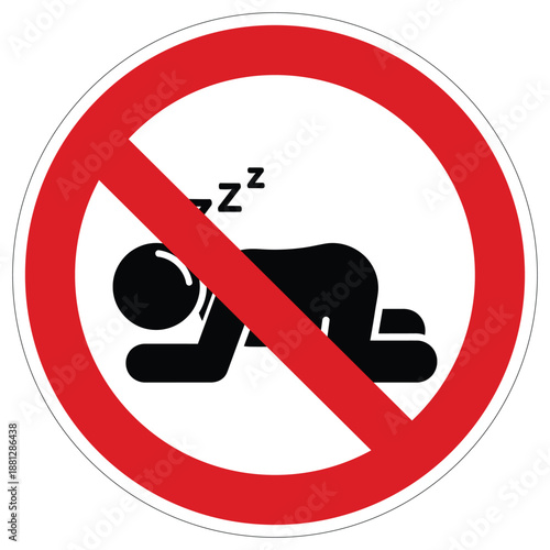 Prohibition sign with a person lying down and zzz symbols, indicating no sleeping allowed