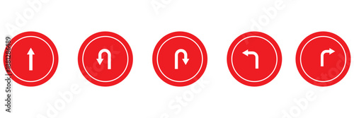 Set of black directional arrow icons including U turn, right turn, left turn, and straight arrows. Simple vector signs for traffic, navigation, and road directions