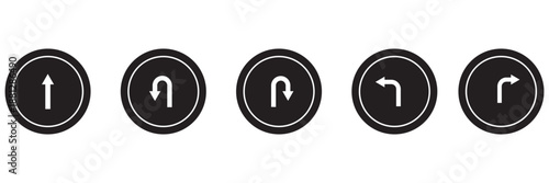 Set of black directional arrow icons including U turn, right turn, left turn, and straight arrows. Simple vector signs for traffic, navigation, and road directions