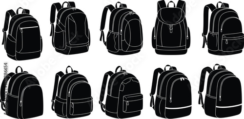 Black and white vector illustration set of backpack silhouettes, various school bag and rucksack icons isolated on white background for travel design,