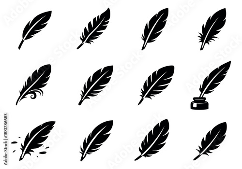 Elegant silhouette feather and quill set featuring various plume and inkwell designs for creative writing and decorative elements