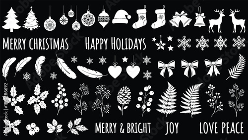Large Collection of White Christmas Silhouettes Including Reindeer, Santa Hats, Holly, Pine Cones, and Festive Text Phrases on Black Background.