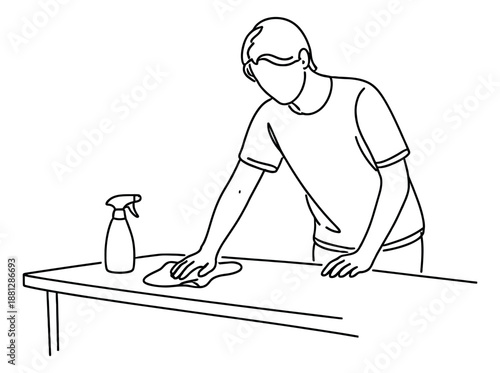 Line art illustration of a man depicting wiping a table with cleaning spray for domestic chores