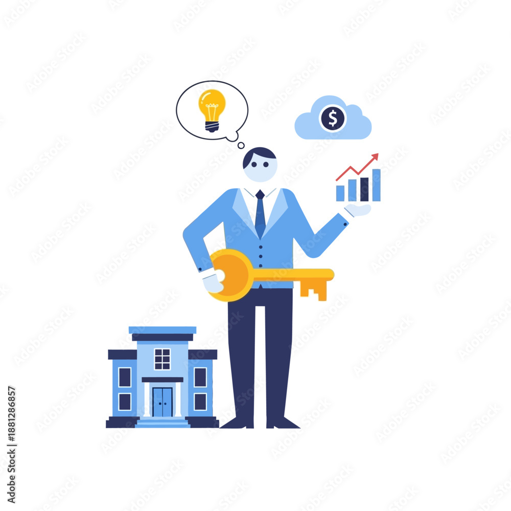 Naklejka premium Businessman Holding Key, Bulb Idea, Financial Growth Chart, and Cloud Money Icon