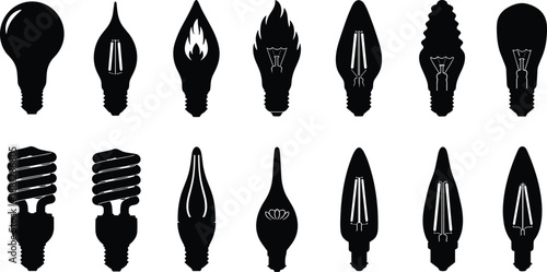 Black and white vector illustration set of decorative light bulb silhouettes, various electrical lamp and LED bulb icons isolated on white background,