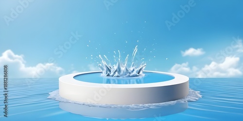 3D scene featuring a podium for product displays. A designed for advertising, presentations, and promotions. A realistic circular pedestal surrounded by a splash of water against a blue sky backdrop.