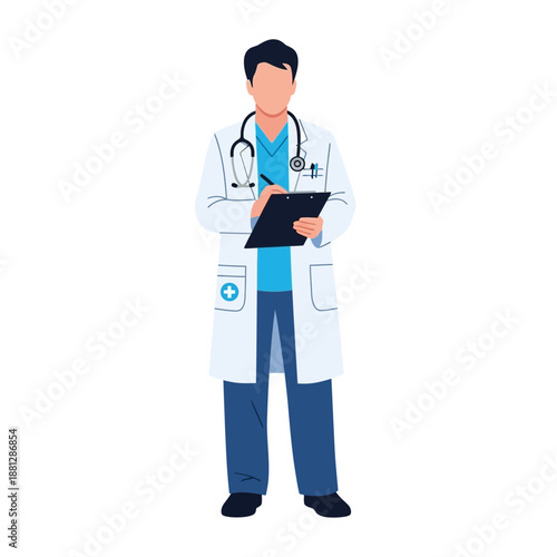Doctor with Stethoscope and Clipboard Writing Notes - Medical Professional Illustration