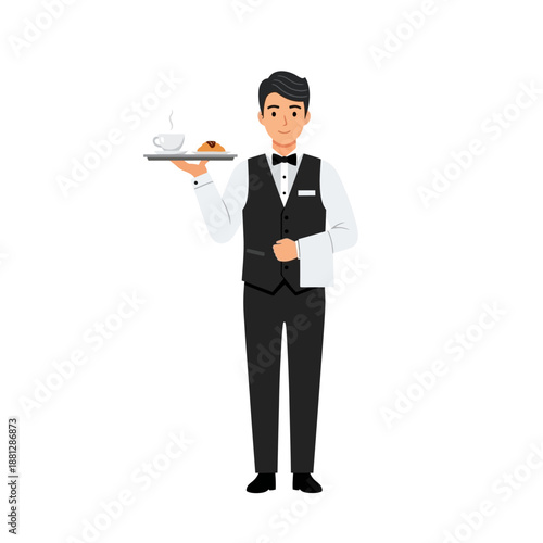 Waiter Serving Coffee and Pastry on a Tray - Professional Service Illustration