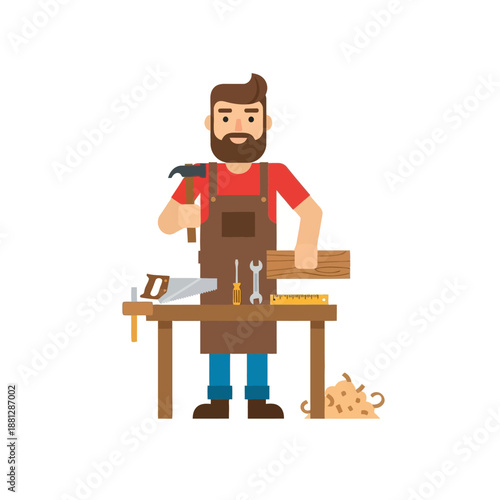 Bearded Carpenter Holding Hammer and Wood at Workbench with Tools