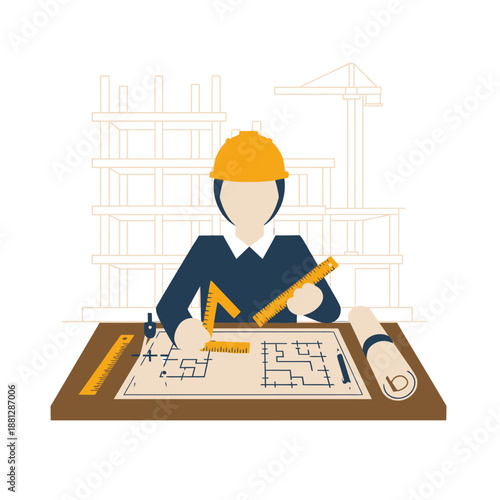 Architect designing blueprints with tools and construction background
