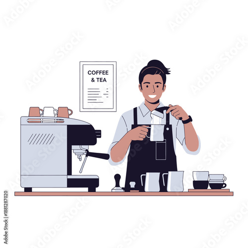 Barista Making Coffee with Espresso Machine and Milk Pitcher