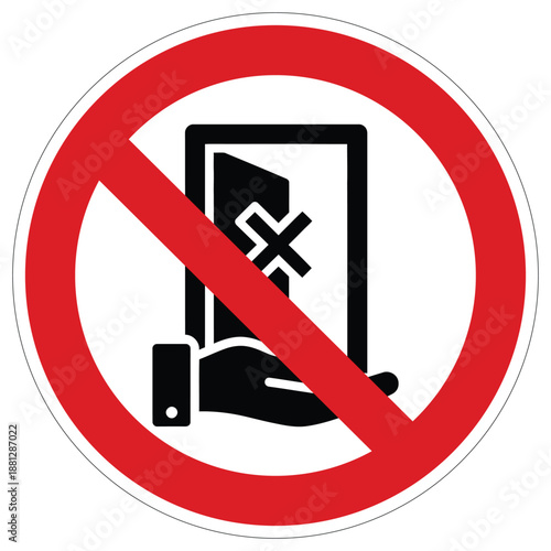 Universal prohibition sign displaying a hand holding a tablet with an X, indicating no mobile devices allowed