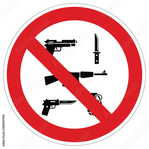 Universal prohibition sign displaying various weapon types including firearms and a sharp knife