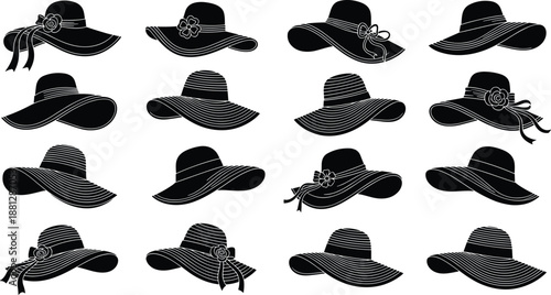 Black and white vector illustration set of elegant women's sun hat silhouettes, summer beach 