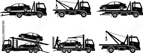 Black and white vector illustration set of tow truck and car carrier silhouettes, roadside assistance and vehicle recovery icons isolated on white background,
