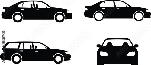 Black car silhouettes set with sedan and station wagon models, side view and front view vehicle icons, automotive transport vector illustration isolated