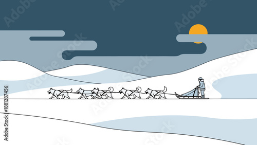 Arctic Journey With Dog Sled Team Under Setting Sun and Dramatic Clouds Ideal for Winter Scene Concepts