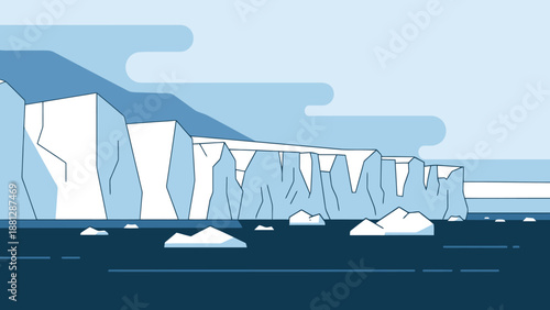 Arctic landscape with massive ice formations and floating bergs on dark water under layered clouds and pale sky a serene cold environment scene