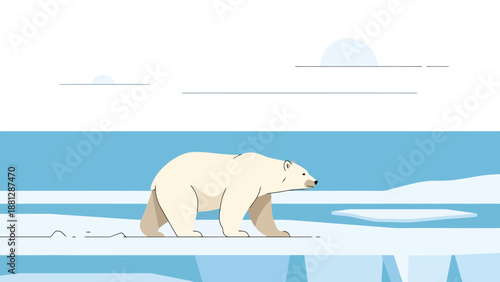 Arctic Wildlife Polar Bear Walking Across Frozen Ice Landscape Under Cloudy Sky Flat Design Style