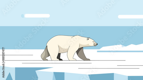 Arctic landscape with a large white bear walking across ice floes under a clear daytime sky representing wildlife and nature