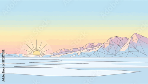 Arctic landscape with low poly mountains and sunrise over ice and water serene dawn scene with pastel colors and geometric shapes