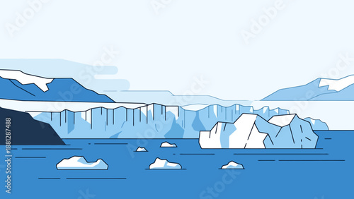 Vast Glacial Landscape with Floating Icebergs in Cold Ocean Waters Under a Clear Sky