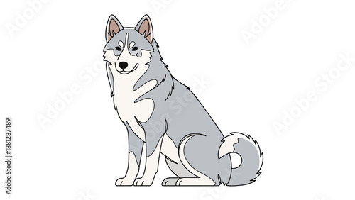 Artistic canine seated composition with grey and white fur details friendly expression and pointed ears isolated on canvas
