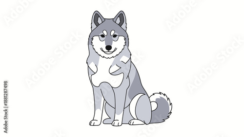 Domestic Canine Companion Sitting Alertly With Erect Ears and Fluffy Tail In Simple Stylized Artistic Depiction
