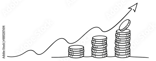 Hand drawn line art illustration of increasing coin stacks with an upward graph depicting financial growth for business and investment