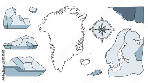 Arctic region map collection showing Greenland and surrounding areas with glacial icebergs and navigational compass Rose illustration for