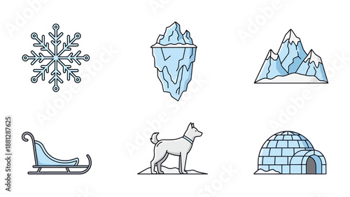 Cold Winter Climate Elements Collection Iceberg Snowflake Snowy Mountains Sled Dog Igloo Isolated Arctic Icons Presentation