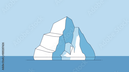 Vast frozen iceberg structure floats serenely in calm ocean water with blue sky background environmental concept
