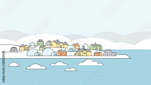 Arctic settlement with traditional dwellings and modern houses on snowy landscape under pale sky