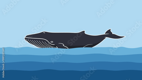 Majestic Marine Mammal Swimming Gracefully Through Deep Blue Ocean Waters With Stylized Waves And Clear Sky Above