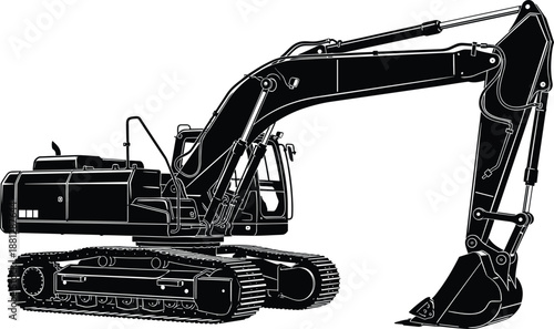 Black Excavator Silhouette Vector Illustration, Heavy Construction Machinery for Industrial Digging, Crawler Digger Machine Sketch for Engineering and Building Site Equipment Design, Isolated